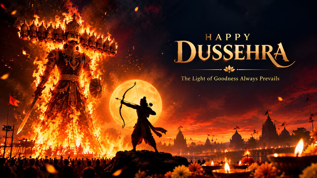 Lord rama aiming bow at flaming effigy of ravana during night dussehra celebration