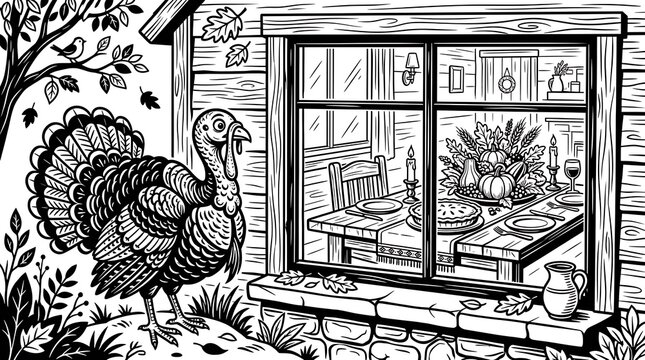 A curious turkey gazes longingly at a festive thanksgiving dinner scene inside a warm home