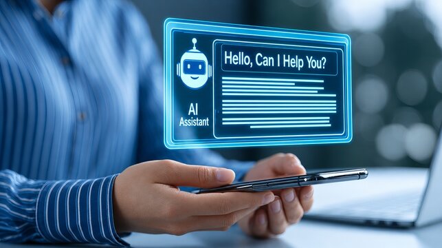 Business professional using smartphone with glowing AI assistant chatbot interface, close up in modern office