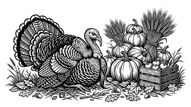 A vintage illustration depicting a proud turkey and a festive thanksgiving gathering scene