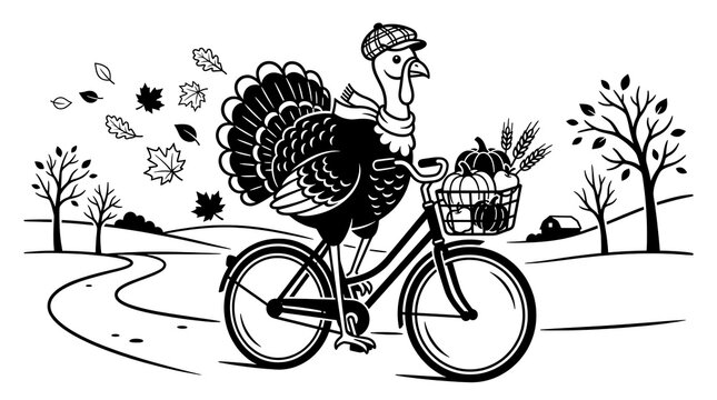 A whimsical illustration depicts a turkey joyfully riding a bicycle on a scenic autumn path