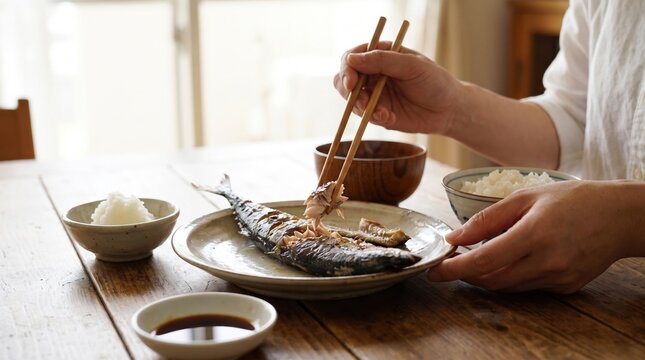 箸でサンマの塩焼きの身をほぐす手元と和食の朝食・定食風景