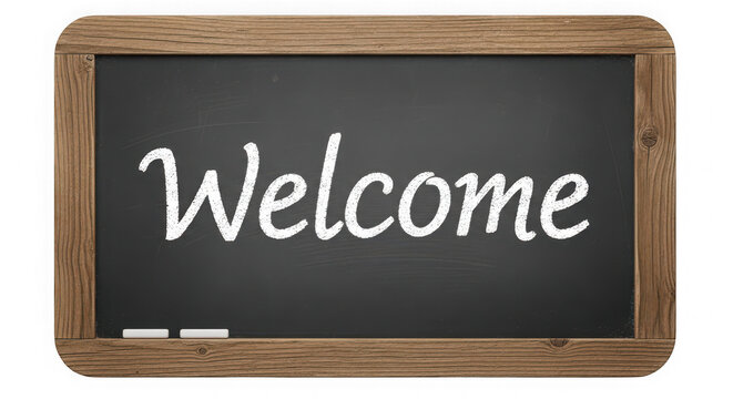 Welcome sign written in white chalk on a small black wooden blackboard isolated on transparent background