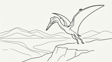 Monochrome Line Drawing of Pterosaur Perched on Cliff © Niyamat