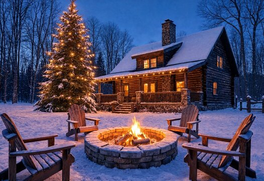 Cozy log cabin with glowing Christmas tree and fire pit in snowy winter landscape during twilight