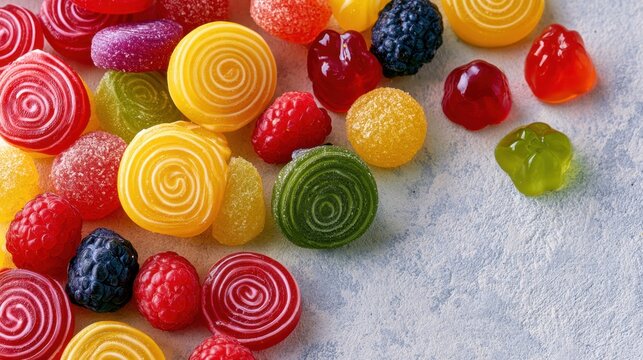 Colorful assortment of various fruit flavored hard candy jelly sweet treat close-up on textured surface background