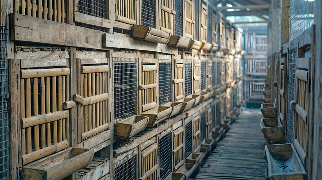 traditional chicken coop  : traditional poultry farm house with chickens in layered cages
