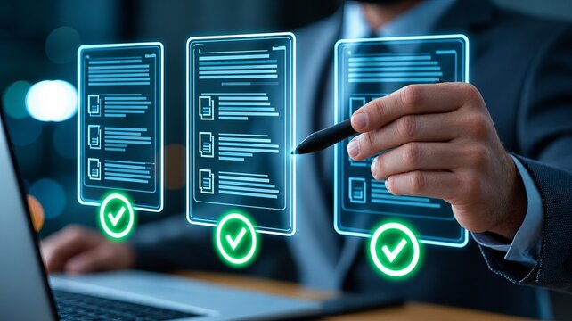 Business professional reviewing glowing digital documents with approval checkmarks using stylus, close up in modern office