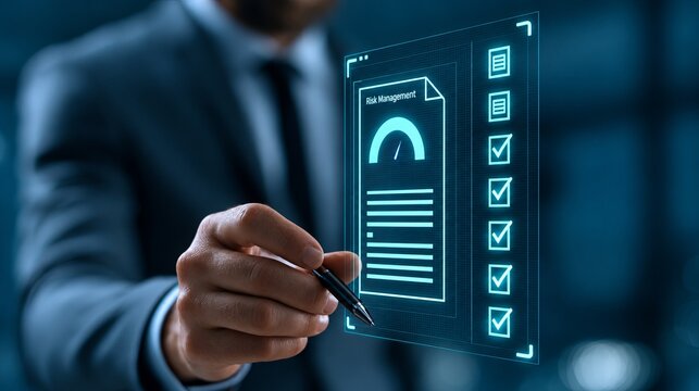 Business professional reviewing glowing risk management checklist dashboard with gauge and checkmark icons, close up in modern office
