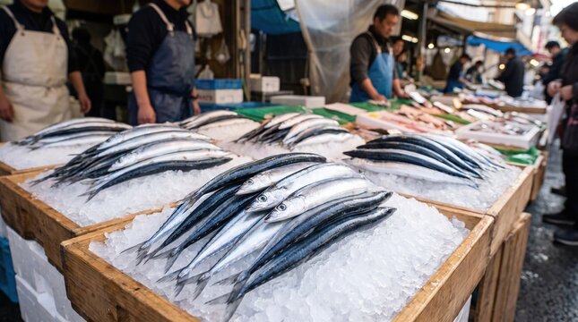 市場の木箱に山盛りの砕氷と放射状に並べられた銀色に輝く新鮮な秋刀魚