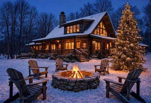Cozy log cabin with illuminated Christmas tree and roaring fire pit during twilight snowfall