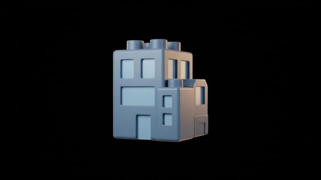 Semi-3D Cartoon Animation of Rotating Building Model Icon on Black Background
