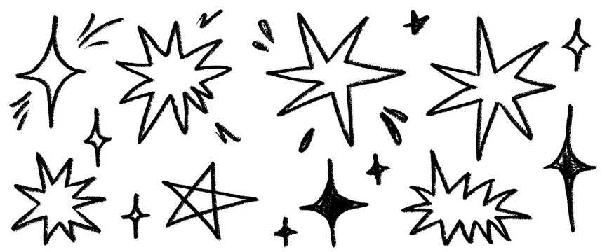 Star sparkle burst icon set. Hand drawn star sparkle burst line chalk doodle sketch brush marker twinkle. Cute bold black school planner poster sticker texture background. Vector illustration