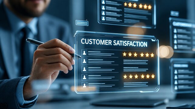 Business professional using stylus on glowing customer satisfaction dashboard with star ratings and feedback profiles, close up in modern office
