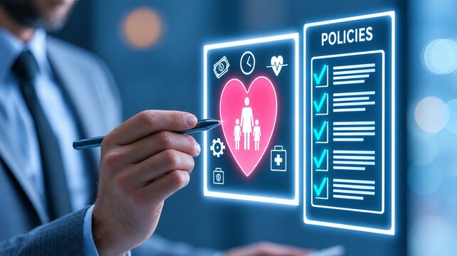 Business professional using stylus on glowing health insurance policy checklist with pink heart and family icons, close up in modern office