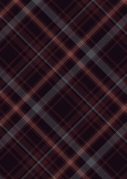 Seamless vector diagonal plaid tartan pattern with dark gray, red, and black intersecting lines, classic checkered geometric fabric textile wallpaper background design for apparel and home decor