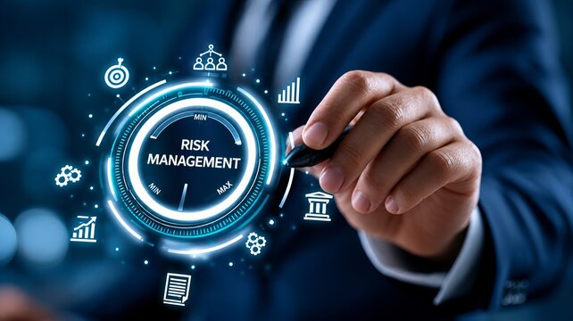 Business professional using stylus on glowing risk management dashboard with circular gauge and finance icons, close up in modern office
