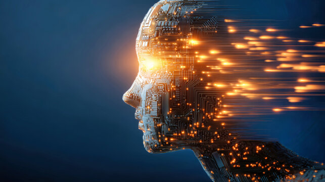 A profile of a human head shows a circuit board design with oran