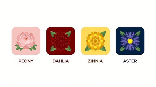 Colorful set of flat design flower icons featuring various botanical illustrations like peony dahlia zinnia and aster ideal for web and app interfaces