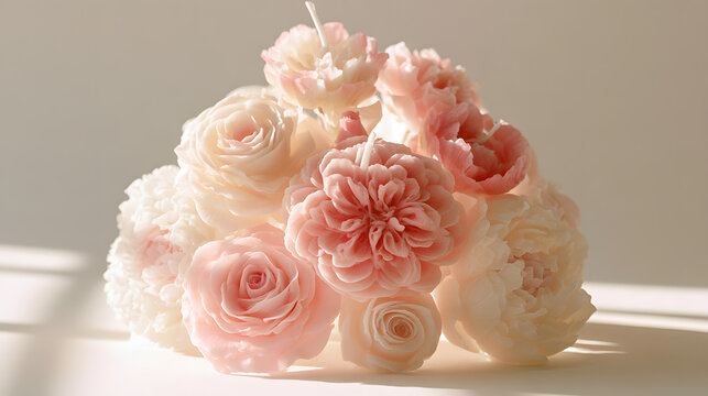 A handcrafted floral candle shaped like blooming roses and peonies, intricate petal details, soft pink and cream colors, dreamy studio lighting.