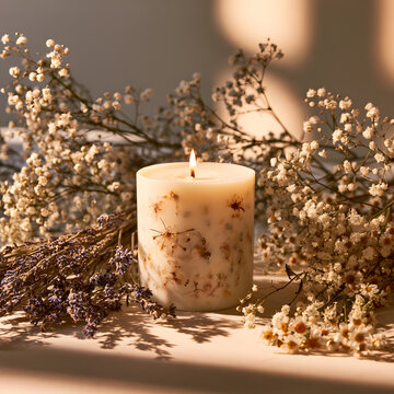 A beautiful white floral candle surrounded by fresh lavender, baby&rsquo;s breath, and small white blossoms, warm golden light, soft shadows.
