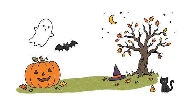Halloween flat illustration with pumpkin ghost and black cat on white background