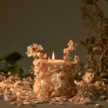 An artistic luxury floral candle centerpiece covered in detailed blooming flowers, surrounded by scattered petals and fresh greenery, warm ambient glow.