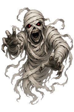 Spooky cartoon-style illustration of a mummy wrapped in bandages (Halloween monster image) in PNG format with a transparent background.
