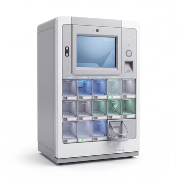 Automated pharmacy medication dispensing machine on white background