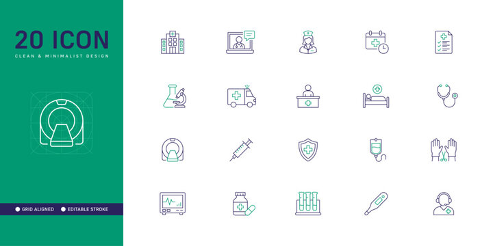 Medical and Healthcare, Dual Tone Line Icon Set - Editable Stroke Vector Design