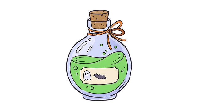 Halloween potion bottle with green liquid and ghost label on white background