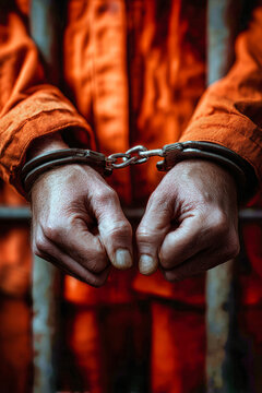 A prisoner with hands in handcuffs is seen behind dark prison ba