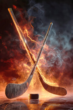 Two hockey sticks are crossed over a puck, set against a dramati