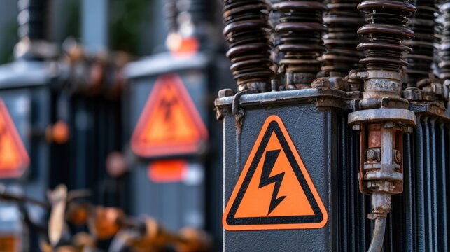 Close-up of high voltage warning sign on industrial electrical transformer with rusty metal and coil components in factory setting
