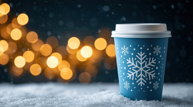 Blue coffee cup with snowflake logo resting on fresh snow, bokeh lights creating a warm winter holiday atmosphere