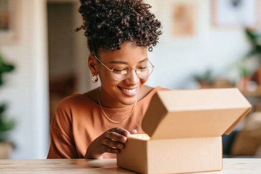 Young african american woman opening a delivery box, expressing happiness and surprise with a new unboxing experience