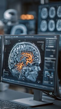 A computer monitor displays a detailed brain scan with orange highlights against a blurred medical background.