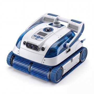 Robotic swimming pool cleaner with cameras and brushes on white background