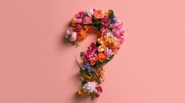 Question mark shaped arrangement of colorful fresh flowers on pastel pink background for concept or decoration presentation