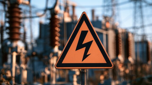 Close-up of orange triangular high voltage warning sign with black lightning bolt symbol on blurred industrial electric power background