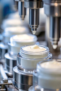 White cosmetic cream is being filled into glass jars on a produc