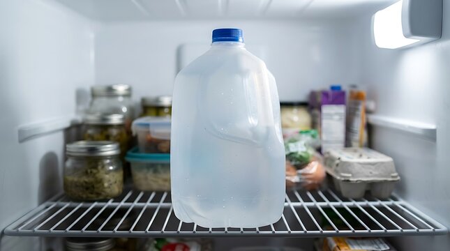 Large plastic water jug with a blue cap sitting on a wire shelf inside a home kitchen refrigerator. 1 gallon jug