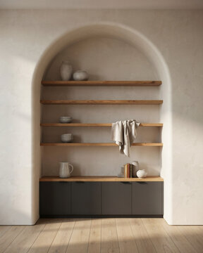 Minimalist Interior Wall Featuring an Elegant Arched Recess with Wooden Shelving and Modern Storage Cabinets in a Neutral Soft Toned Room