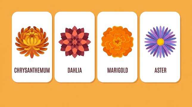Collection of four distinct flower illustrations featuring chrysanthemum dahlia marigold and aster designed in a minimalist flat vector style for botanical identification and nature-themed projects
