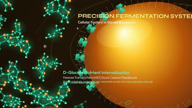 3D animation detailing the precision fermentation system for synthetic dairy production showcasing cellular agriculture and recombinant bovine casein synthesis in a bioreactor without cows