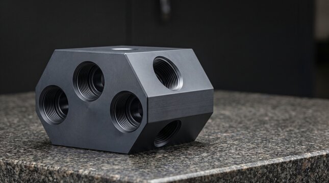 Perspective view of custom CNC milled anodized aluminum hydraulic valve manifold block with precision drilled fluid circuit distribution ports on clean technical workbench with copy space
