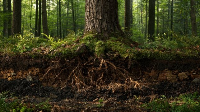 Close-up of a large tree trunk and exposed root system with soil layers in a dense green forest environment during daylight