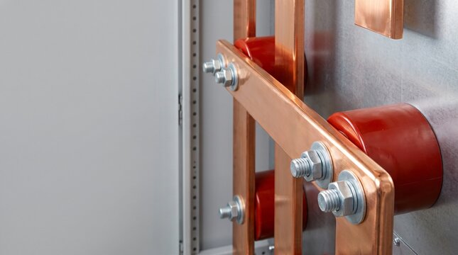 Close up of electrolytic solid copper busbars with red polymer standoff insulators mounted in medium voltage electric power distribution switchgear cabinet for industrial utility grid