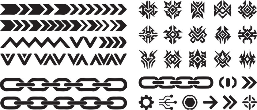 Set of tribal tattoo symbols arrow patterns chain links and various futuristic tech icons collection