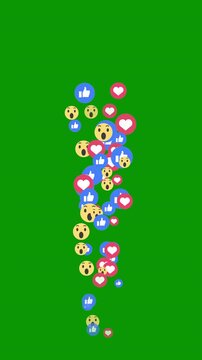 Facebook reaction emojis animation pack, like, love, wow, haha, sad and angry icons rising from a single point and fading, HD chroma key green screen footage for live stream and social media